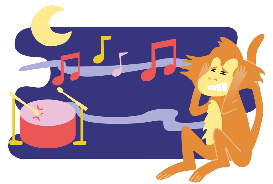 Monkey annoyed by music at night. Illustration.