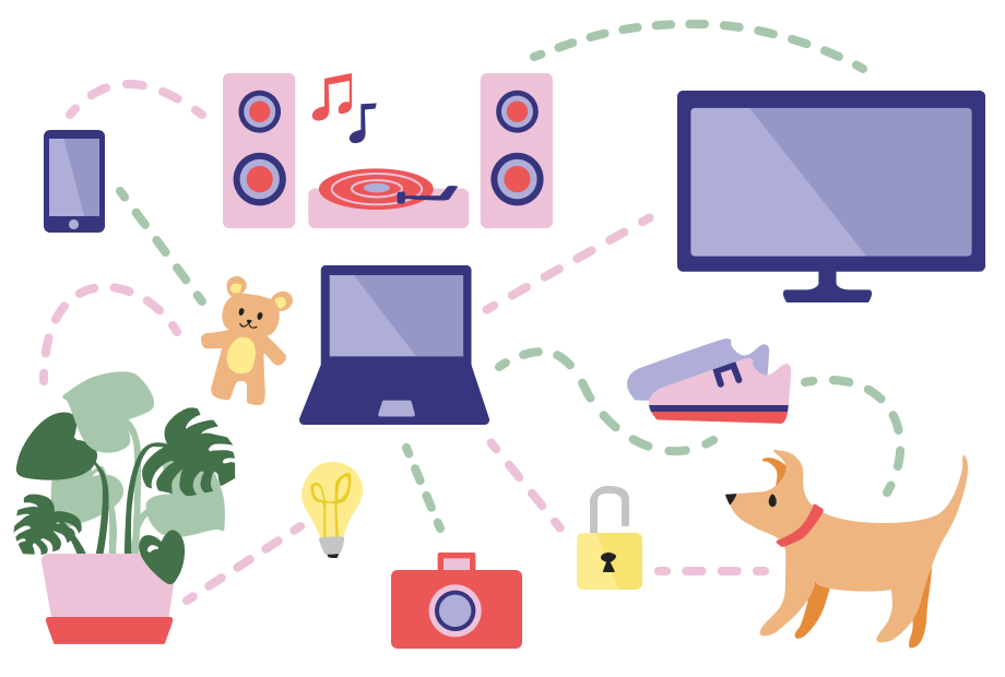 Various object connected with dashed lines. Illustration.